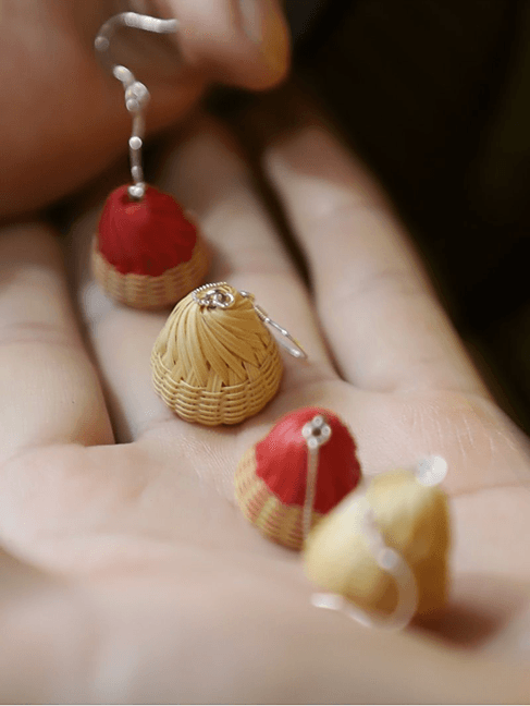 Handmade mini bells earrings, Chinese bamboo weaving craftsmanship - Amber Sealed - Modern Chinese Jewelry & Craft