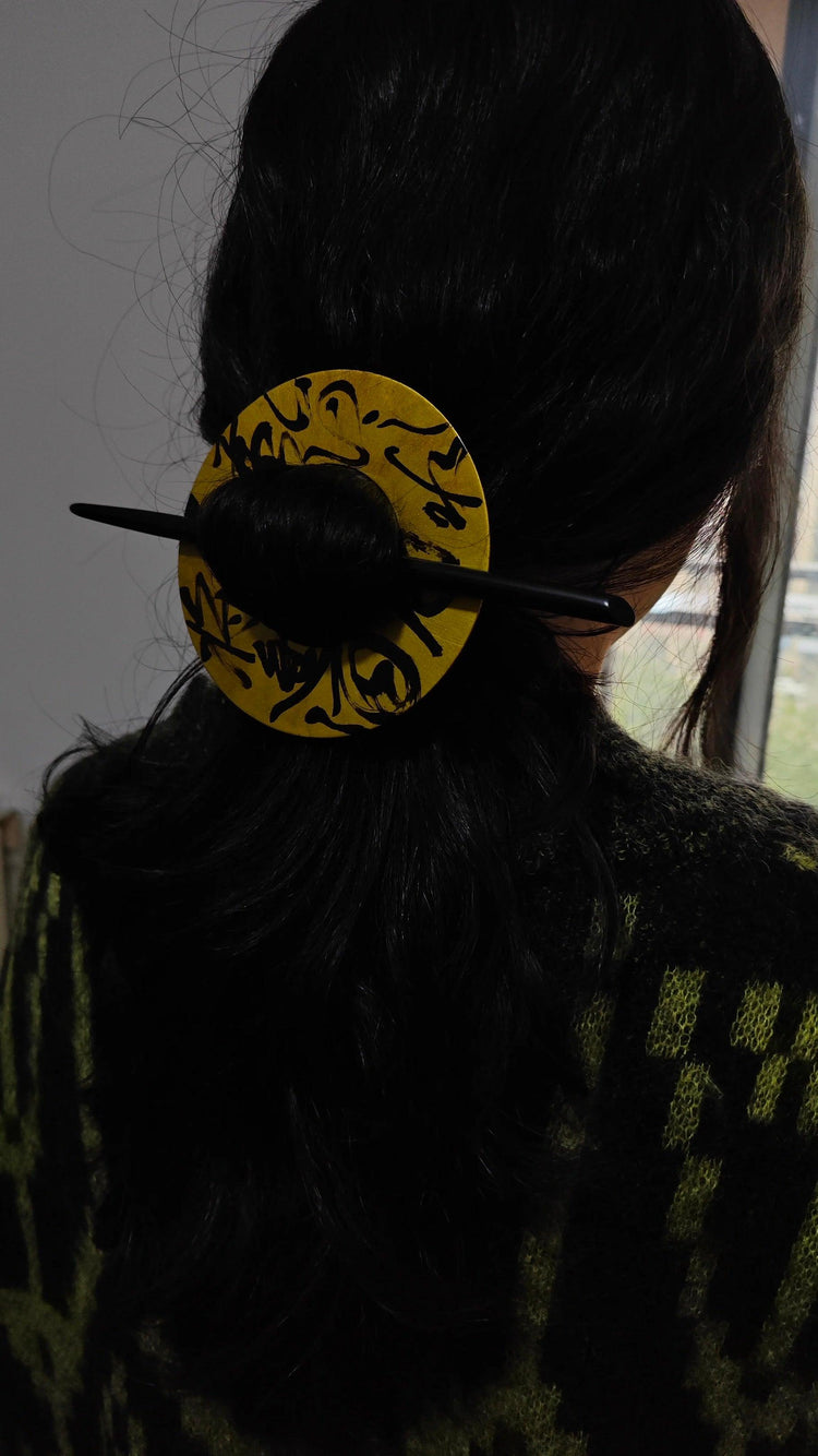 Chinese calligraphy hairpin, ebony wood, handmade hairpin with natural Chinese lacquer; back model wearing the hairpin