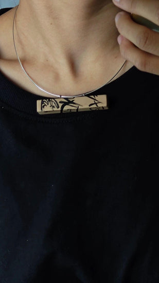 Chinese calligraphy necklace, zelkova wood pendant, handmade necklace with natural Chinese lacquer; model wearing front