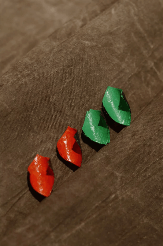 Ramie earrings, handmade earrings with natural Chinese lacquer; red and green