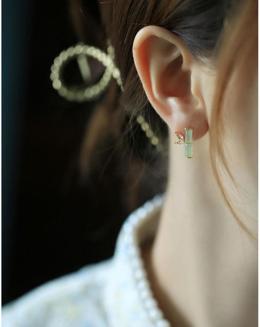 bamboo earrings natural hetian jade s925 silver light green model wearing