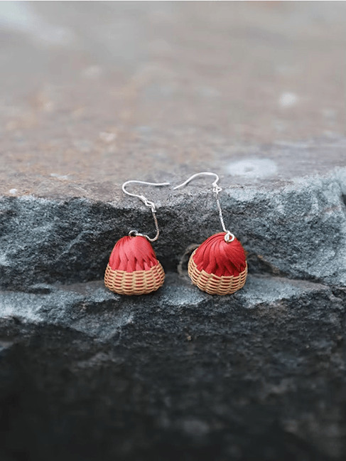 Handmade mini bells earrings, Chinese bamboo weaving craftsmanship - Amber Sealed - Modern Chinese Jewelry & Craft