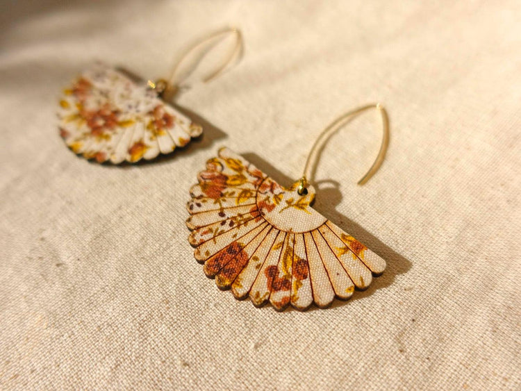 Handmade floral earrings, Chinese folding fan design, made to order - Amber Sealed - Modern Chinese Jewelry & Craft