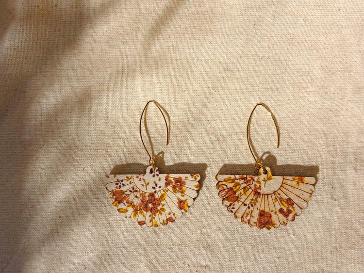 Handmade floral earrings, Chinese folding fan design, made to order - Amber Sealed - Modern Chinese Jewelry & Craft